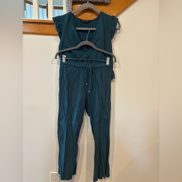 Womens 2 Piece Matching Set - Crop Top Side Slit Drawstring Wide Leg Pant - Picture 2 of 10